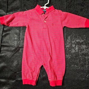 Nautica Striped Polo Romper – Red 3–6M